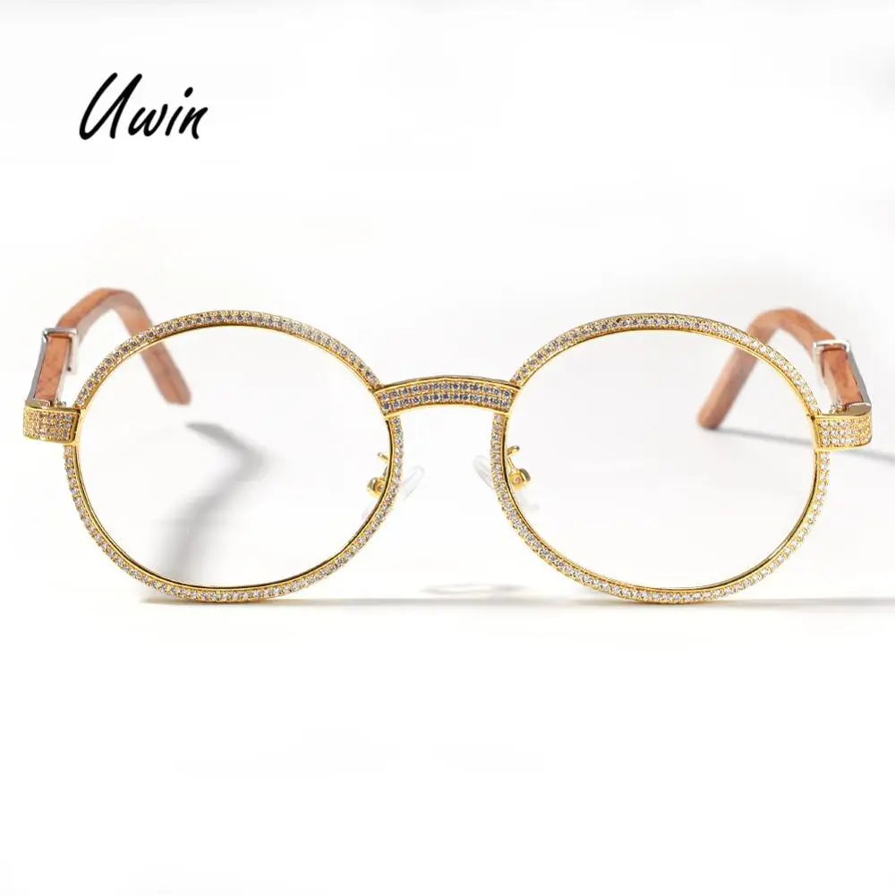 

New Style Fashion Iced Out Sunglasses Gold Frame Wood Material Trendy Teenage Jewelry Wholesale Gifts Retro Minimalist Style, Gold / silver