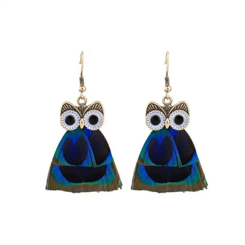 

2020 New Arrival Retro Ethnic Peacock Feather Owl Dangle Earrings Bohemian Lucky Owl Drop Earrings for Party