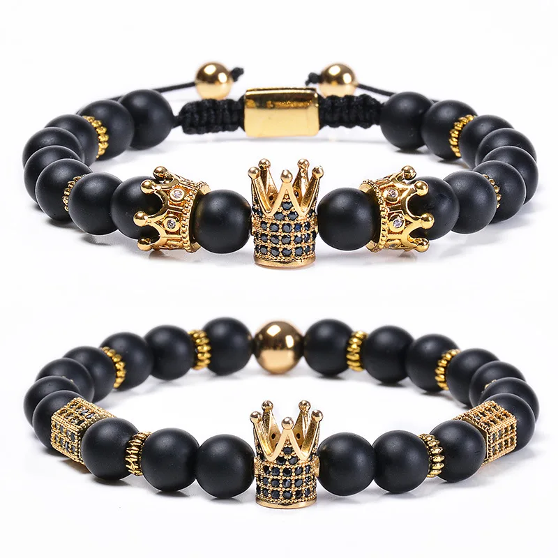

Handmade Jewelry Adjustable Natural Black Stone Crown Bead Bracelet Micro Pave Zircon Royal Crown Bracelet Set, As picture