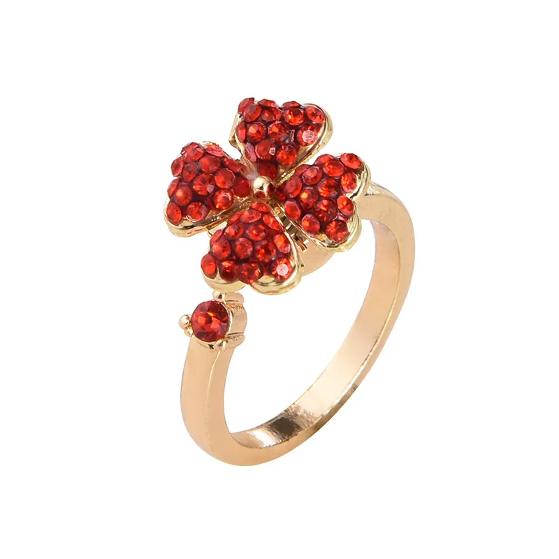 

Personalized Rotating Ring Crystal Rings Women Adjustable Red Four Leaf Clover Ring