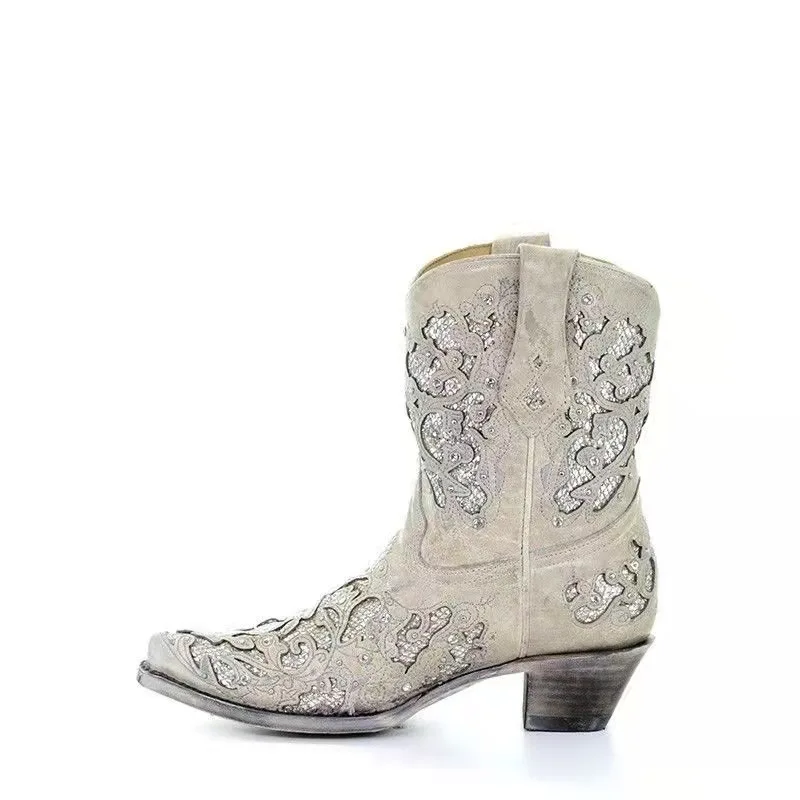 

Women Glitter Inlay Crystals Cowgirl Boots Ankle Square Toe Chunky Heel Western Short Boots