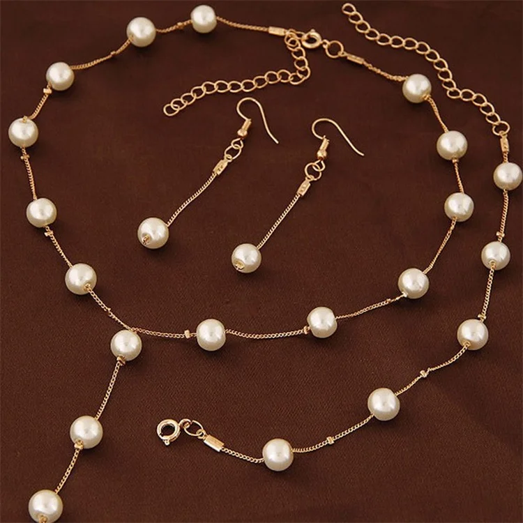 

Gold Color Necklace Earrings Wedding Bridal Pearl Jewelry Set For Women Lady, Picture