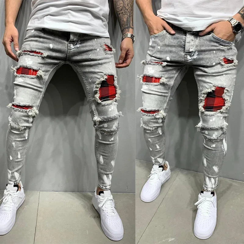 

Wholesale custom mark pantalones de hombre men skinny jeans pant pants for men 2021 kotted hadnbands mens jeans