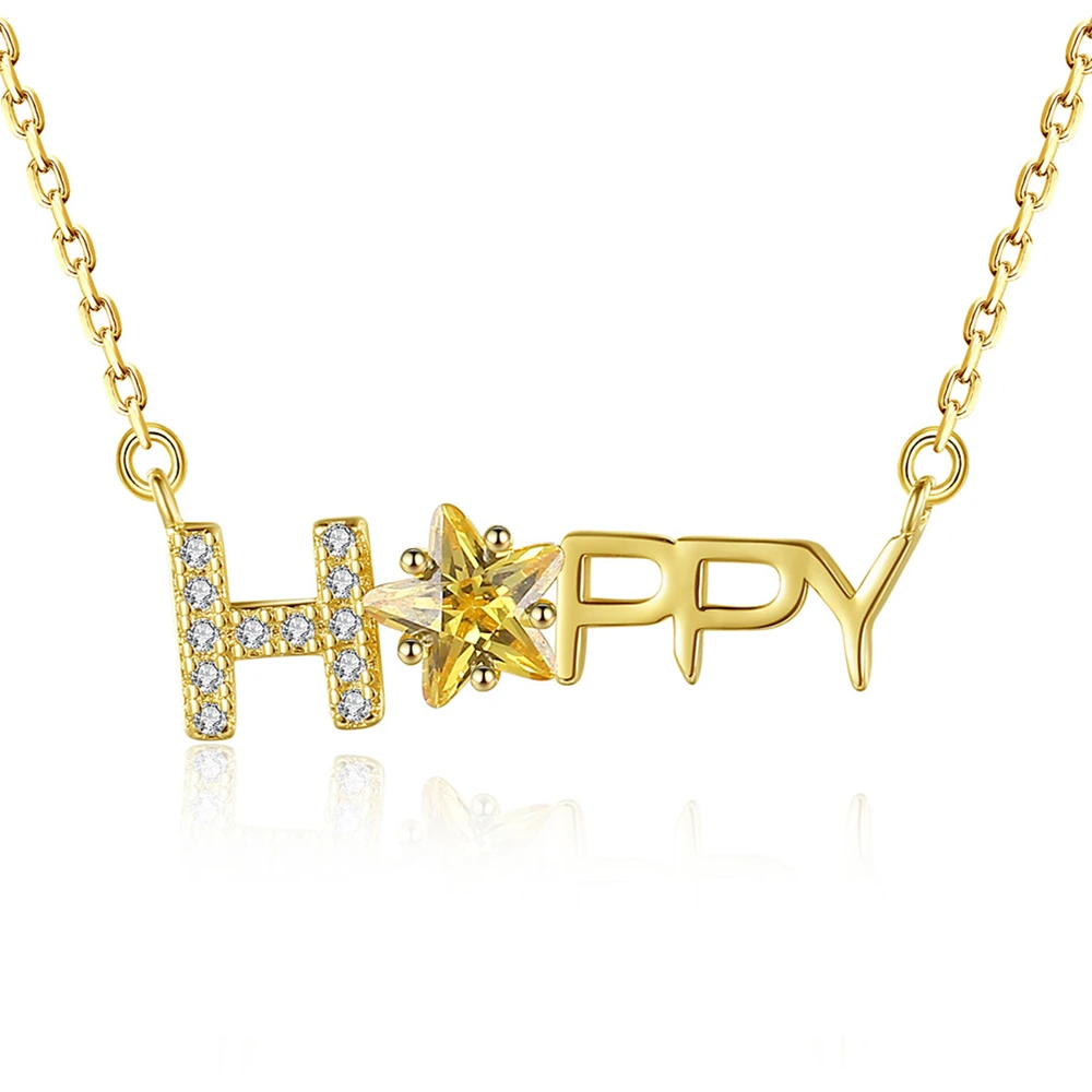 

Daidan Necklaces Gemstone Happy Word Zirconia Personalised Korean 14K Gold Letter Silver Necklace