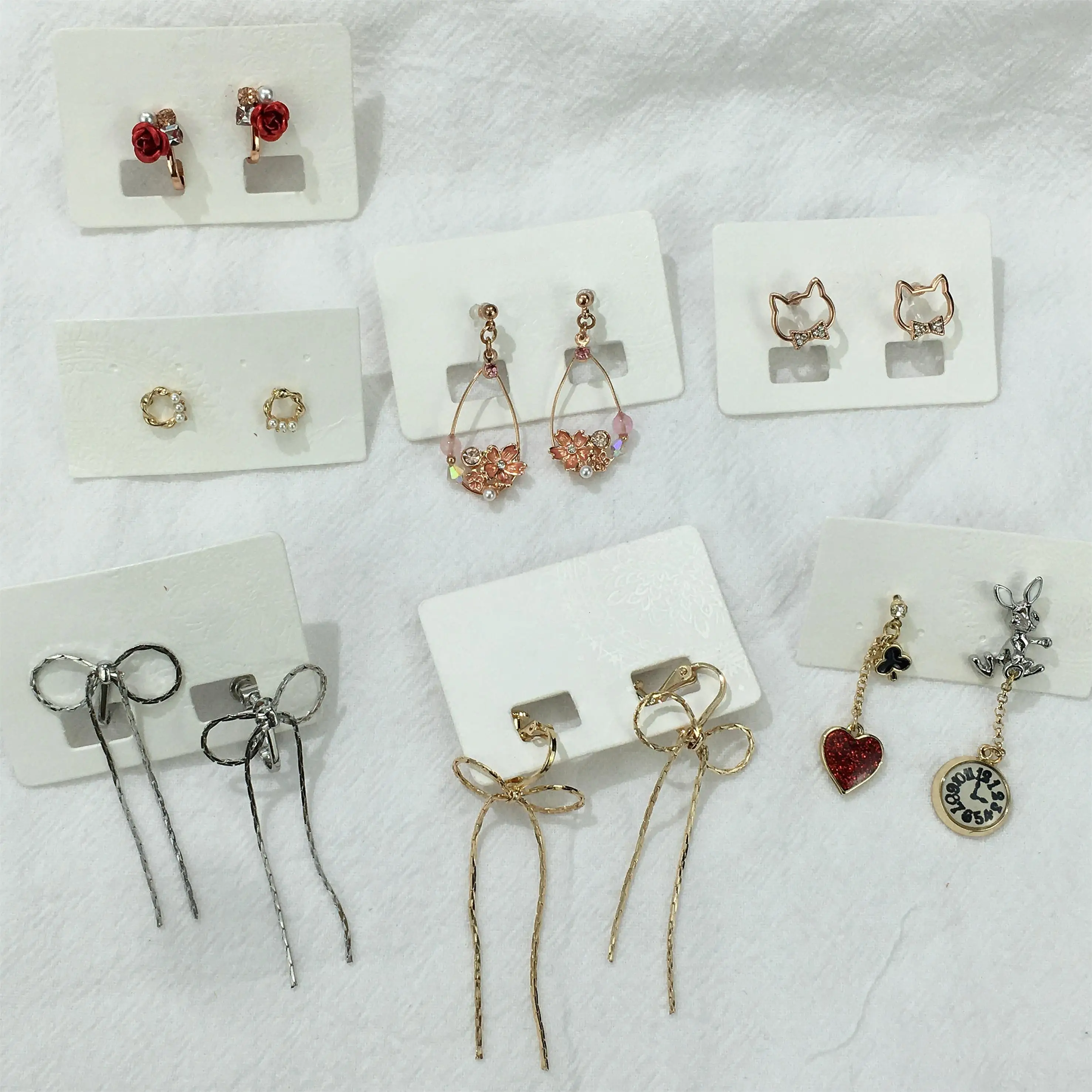 

Clock Rose flower heart cat rabbit stars planet clip post earrings for Girls jewelry, Golden