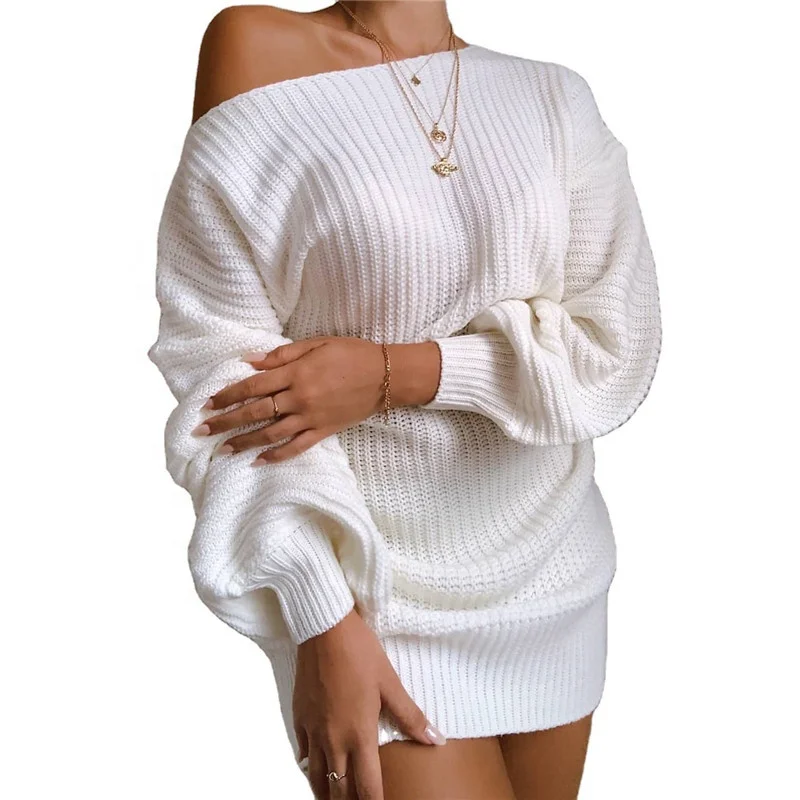 

Casual ladies dress long sweater slash neck acrylic pure color pullover dress