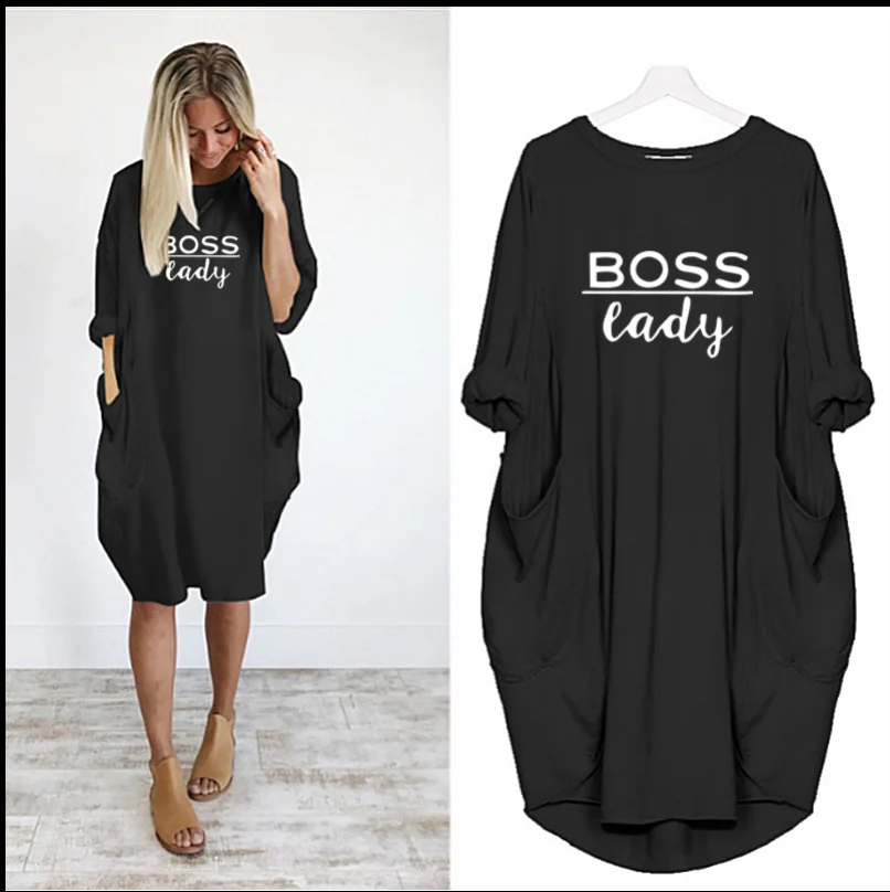 Fat People Letter Boss Lady Printing Pocket Loose Dresses Oversized