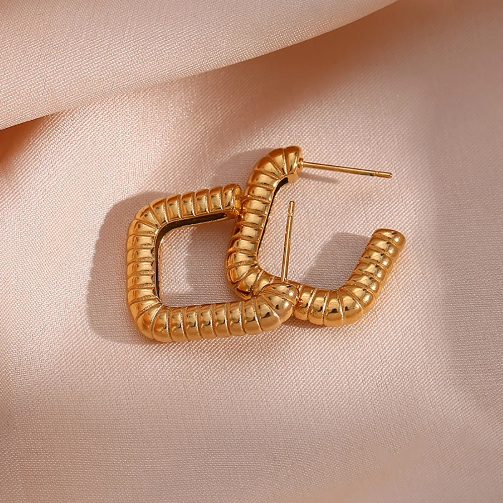 Vintage Gold Plated Texture Geometric Hoop Earring Non Tarnish 316L Stainless Steel Hoop Earring