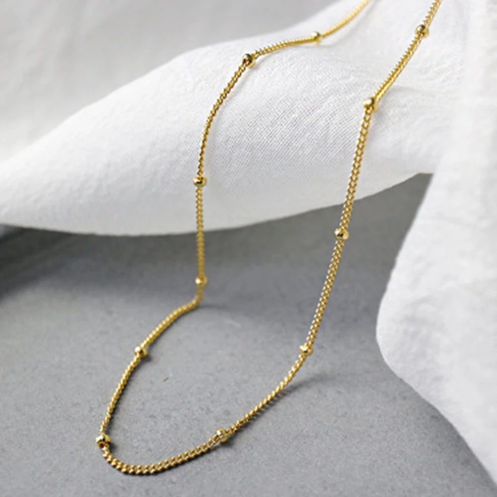 

Women 925 Sterling Silver Link Beaded Chain Necklace 18k Gold Plated Gold Round Stacked Thin Clavicle Chain Fashionable