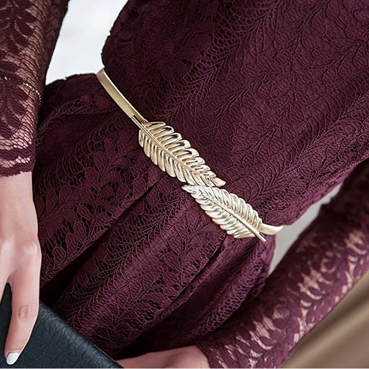 
Saije Beauty Custom Fashion Gold Maple Leaf Belt Buckle Spandex Elastic Waist Belt Women 