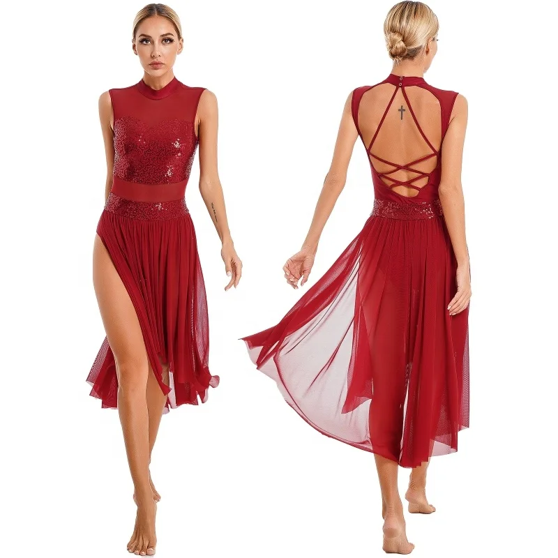 

Womens Dance Performance Costume Sparkly Sequins Backless Strappy Dress Sheer Mesh Patchwork Sleeveless Dance Leotard Dresses