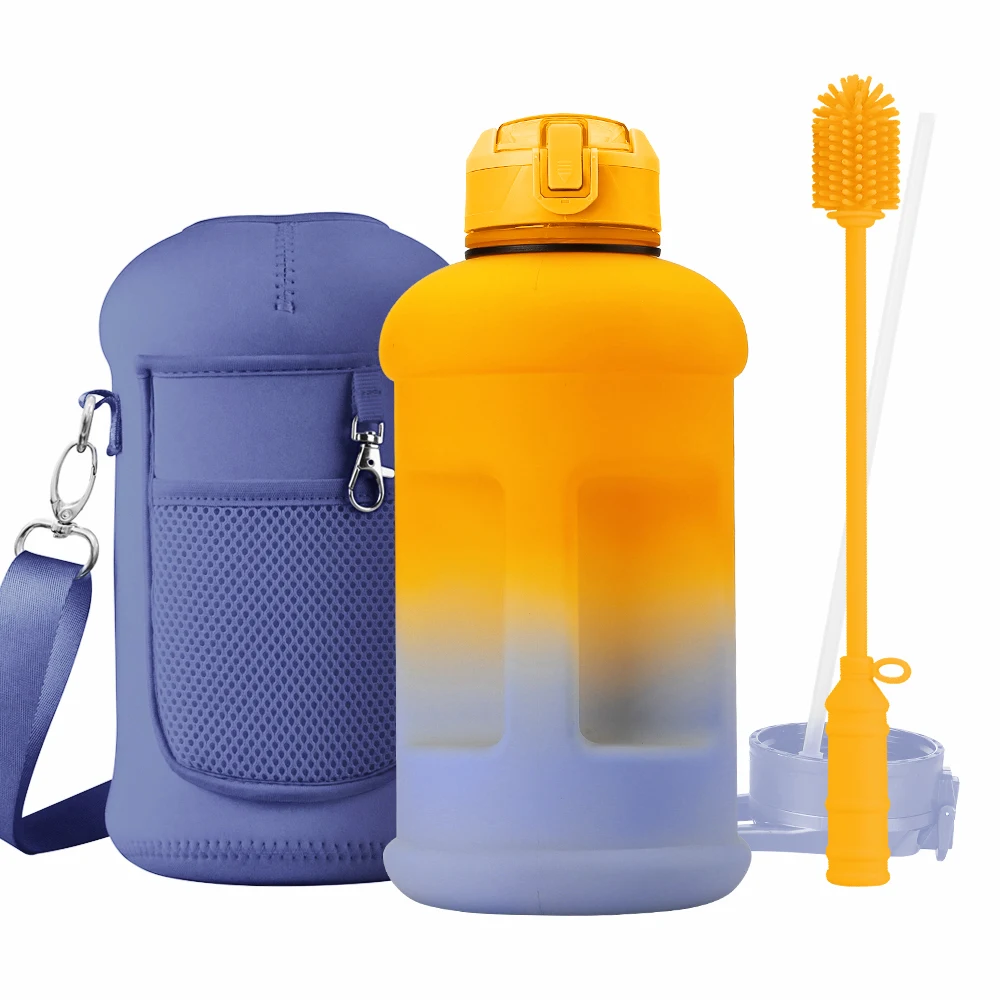 

Gym Water Bottles Jug Big Capacity Custom Plastic Motivational Half Gallon/2.2l /1 Gallon Water Bottles with Sleeve wholesale, Blue