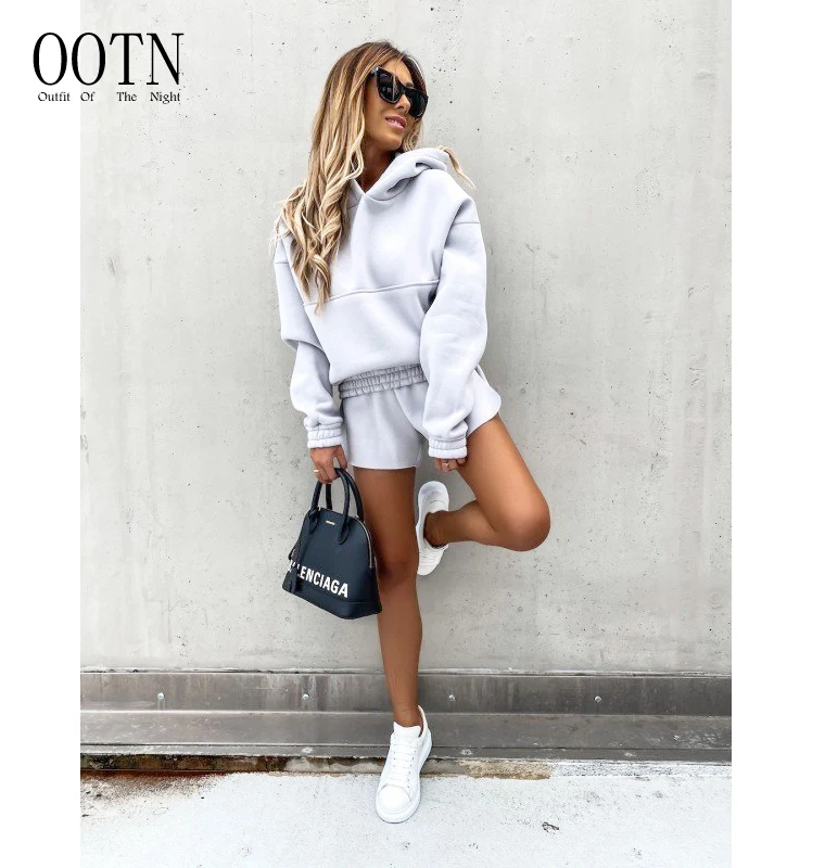 

OOTN Two Piece Set Casual Women Suit 2021 High Waist Shorts and Long Sleeve Hoodie Sport Outfit Patchwork Lady Basic White Loose