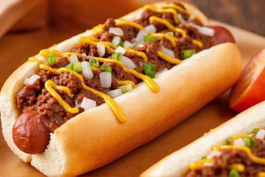 Close-up of Southgate Chili's signature Coney dog showing chili topping over all-beef hot dog with mustard and onions
