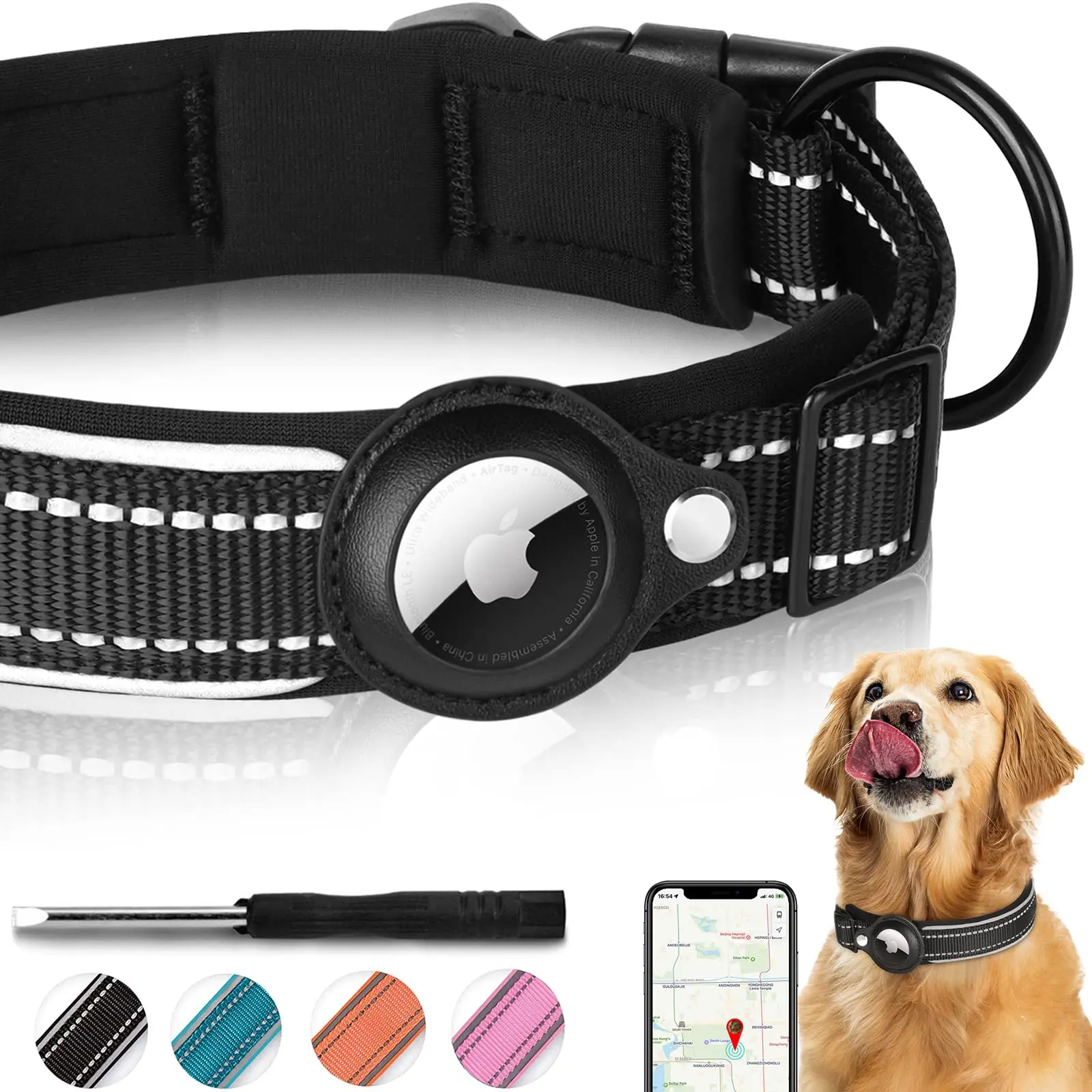 

pet gps collar reflective airtag dog collar with AirTag Case Holder Accessories, Black,pink,green,orange,blue