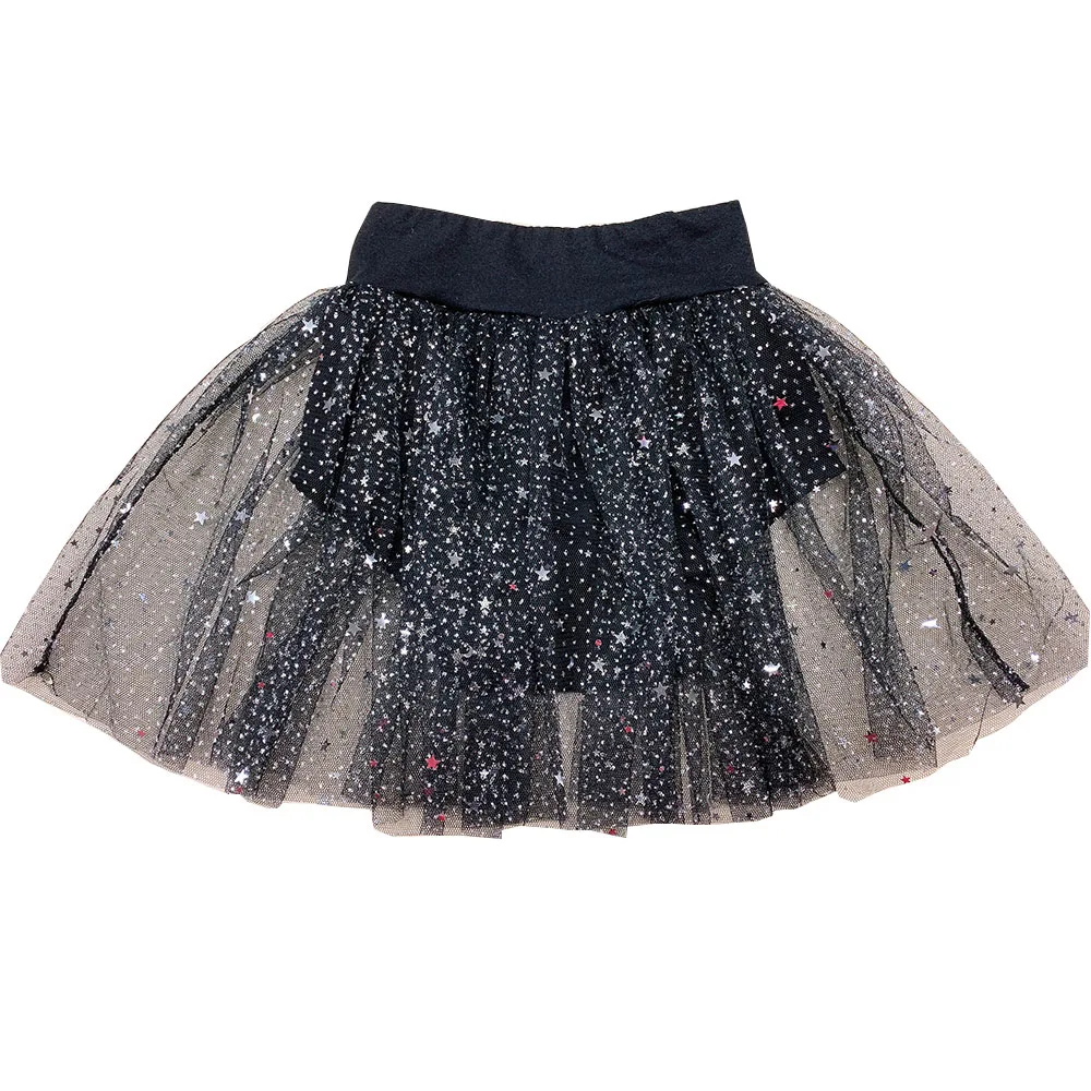 

2020 Baby Girls Star Sequined Black Short Mesh Skirt Chiffon Ruffle Tutu Clothing Summer Girls Mesh Glitz Skirt