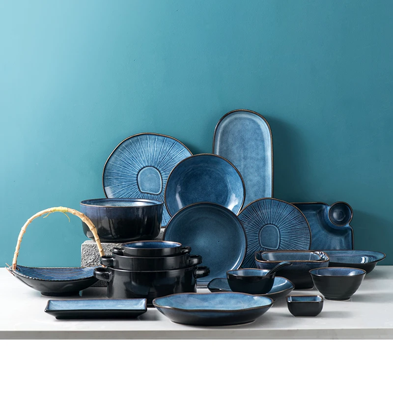 

Nordic simple Style Blue Gradient Snowflake Glaze Porcelain Dish Cereals Bowl Ceramic Dinnerware Tableware Set, Picture
