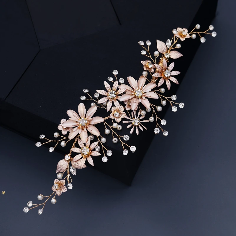 

Handmade Gold Flower Pearl Leaf Hair Comb Wedding Banquet Elegant Crystal Rhinestone Ladies Hair Comb accessories