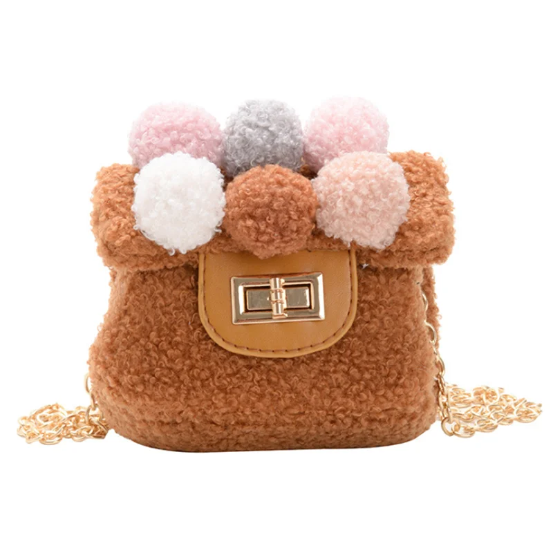 

Hot Sale 2021 Latest Design Cute Party Chain Plush Ball Elegant Crossbody Bag Children Baby Handbags For Girls