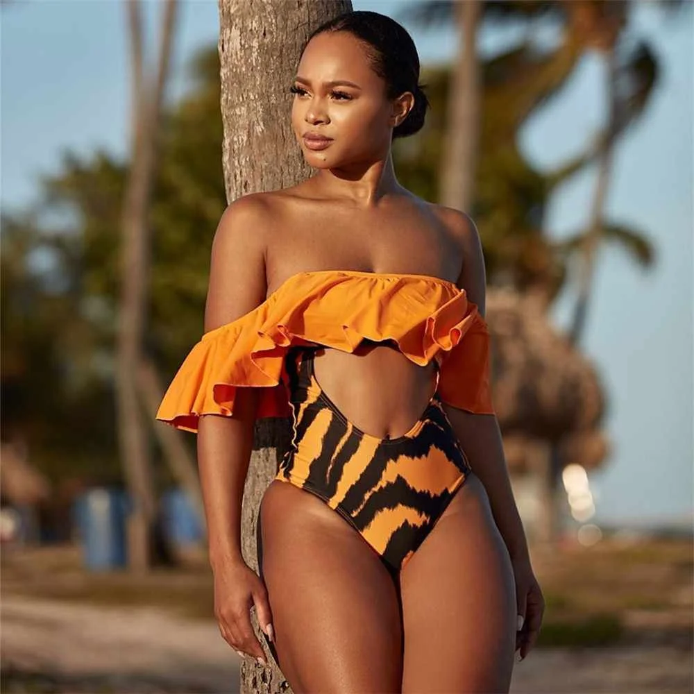 

Elegant Off-shoulder Sexy Hollow Ruffled One-piece Swimsuit, Picture color