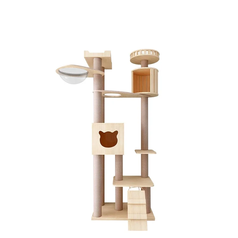 

A-13 China Factory Wholesale Furniture Toy Cat Climbing Frame solid wood cat house condo tower Interactive Toy Wooden cat tree, Yellow