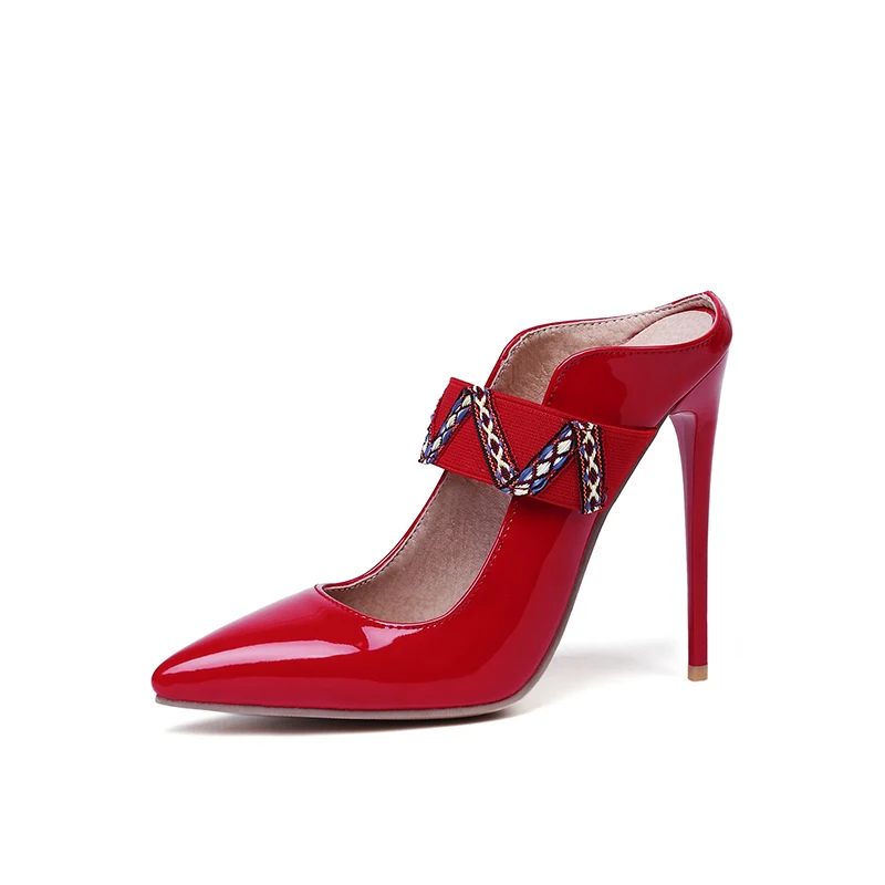 

Wedding Party Pointed Patent Leather Solid-colored Stiletto Elegant Ladies Super High Slippers, Black/red/white