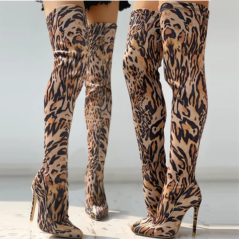 

LW fashion latest leopard printed stretch over the knee thigh high heels boots women shoes plus size manufacturer wholesale, Picture