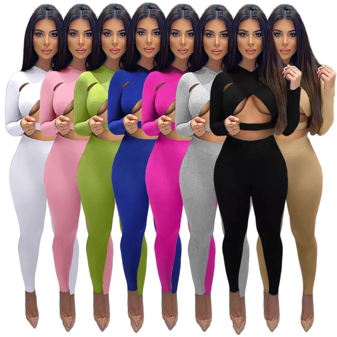 

Fall Solid Two Piece Sets Women Skinny Criss-Cross Cleavage Top+Stretch Pant Matching Outfits Active Sexy Streetwear Clothing
