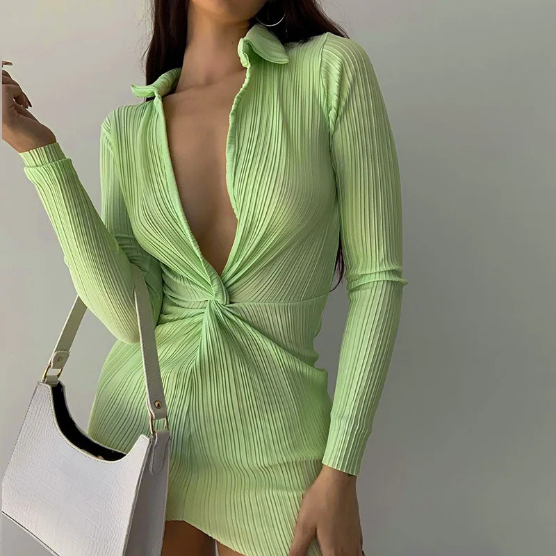 

Twisted garments tight dress with deep V-neck lapel collar cotton solid cotton dresses
