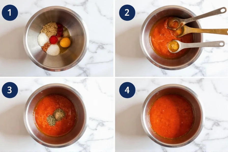 Step-by-step preparation of sweet chili sauce ingredients in stainless steel bowls with measuring spoons