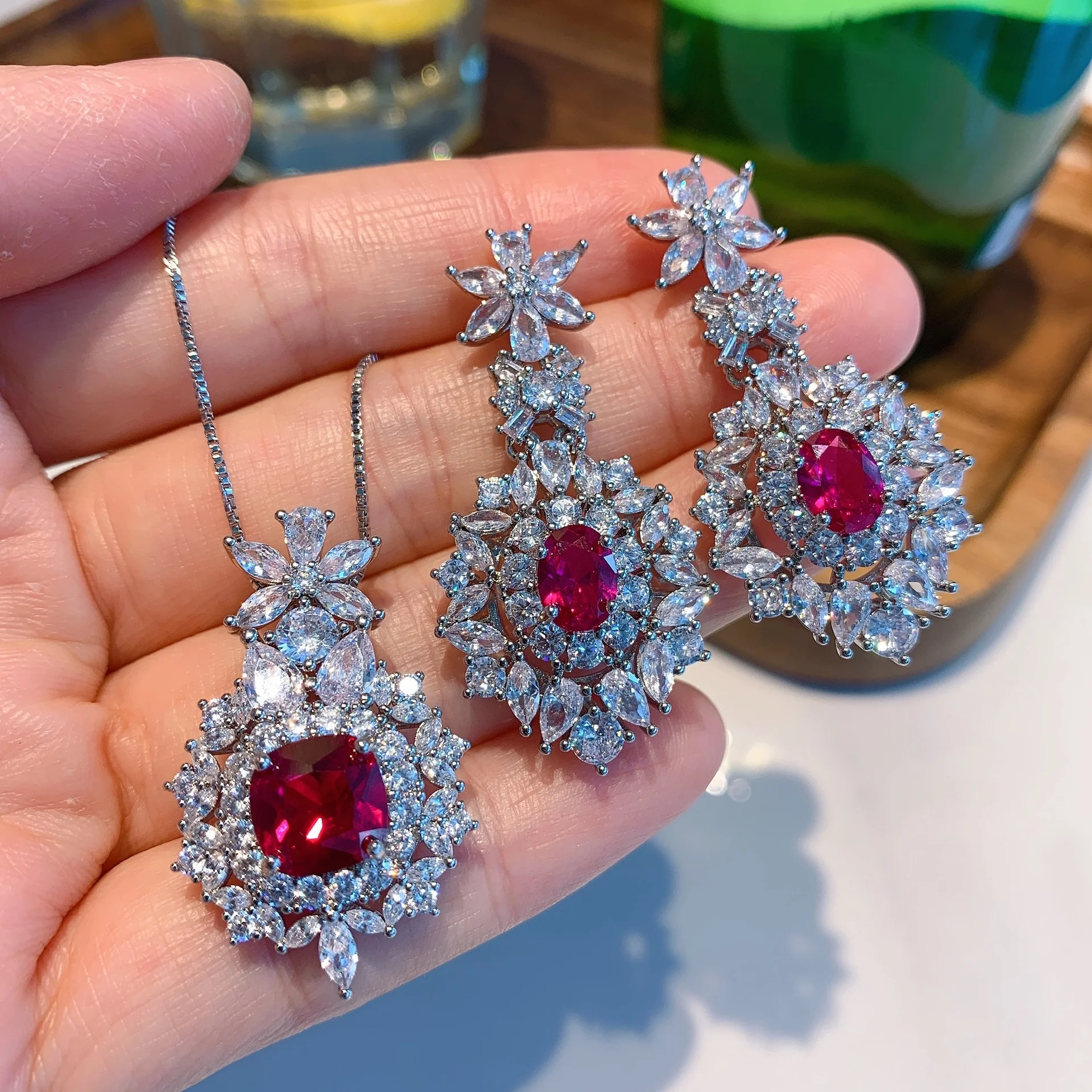 

Luxury Ruby Gemstone Jewelry Sets For Women High Carbon Diamond Wedding Party Earrings Pendant Necklace Gift, Customized color