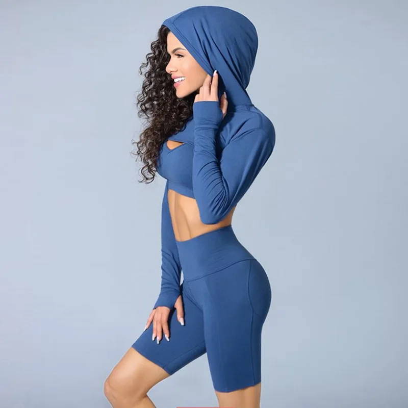 

2022 New Long Sleeve Hat Yoga Suit Short Fitness Solid Color Sports Bra Shorts Suit three piece yoga set