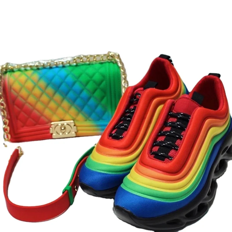 

2021 women rainbow purse crossbody bag lady jelly bag with matching ladies sports shoes women jelly handbag