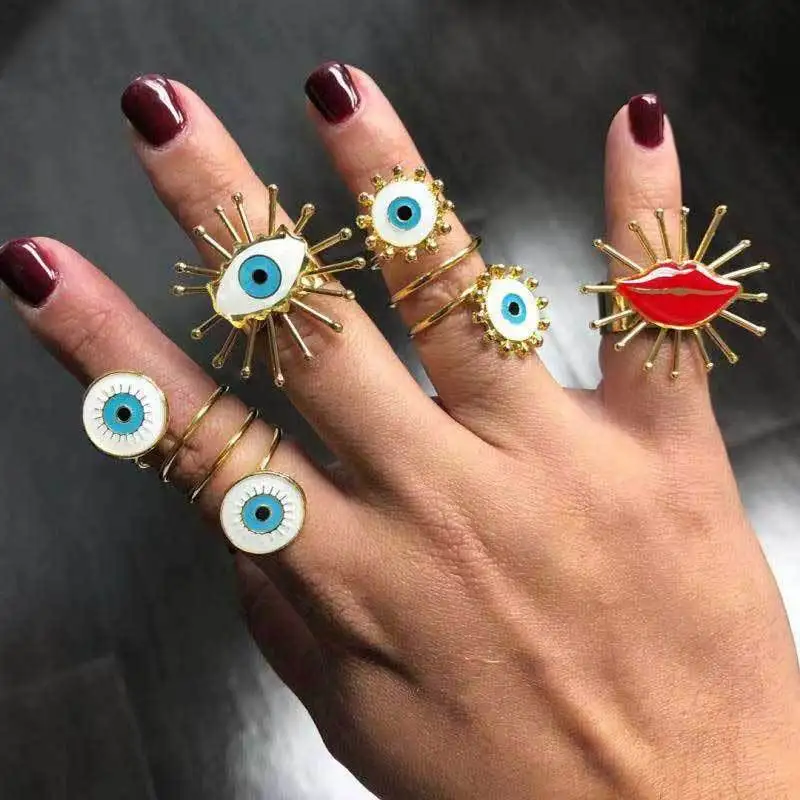 

2021 Sailing Jewelry Creative Gold Plated Oil Droping Evils Eye Ring Stackable Evils Eye Finger Ring