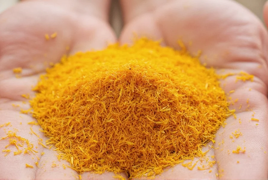 Close-up comparison of saffron threads next to turmeric powder, paprika, and safflower petals on white background
