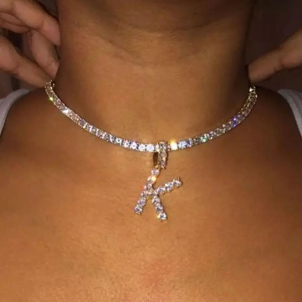 

HOVANCI Iced Out Crystal Rhinestone Letter Initial Alphabet Link Chain Necklace Custom Name CZ Zircon Tennis Chain Necklace