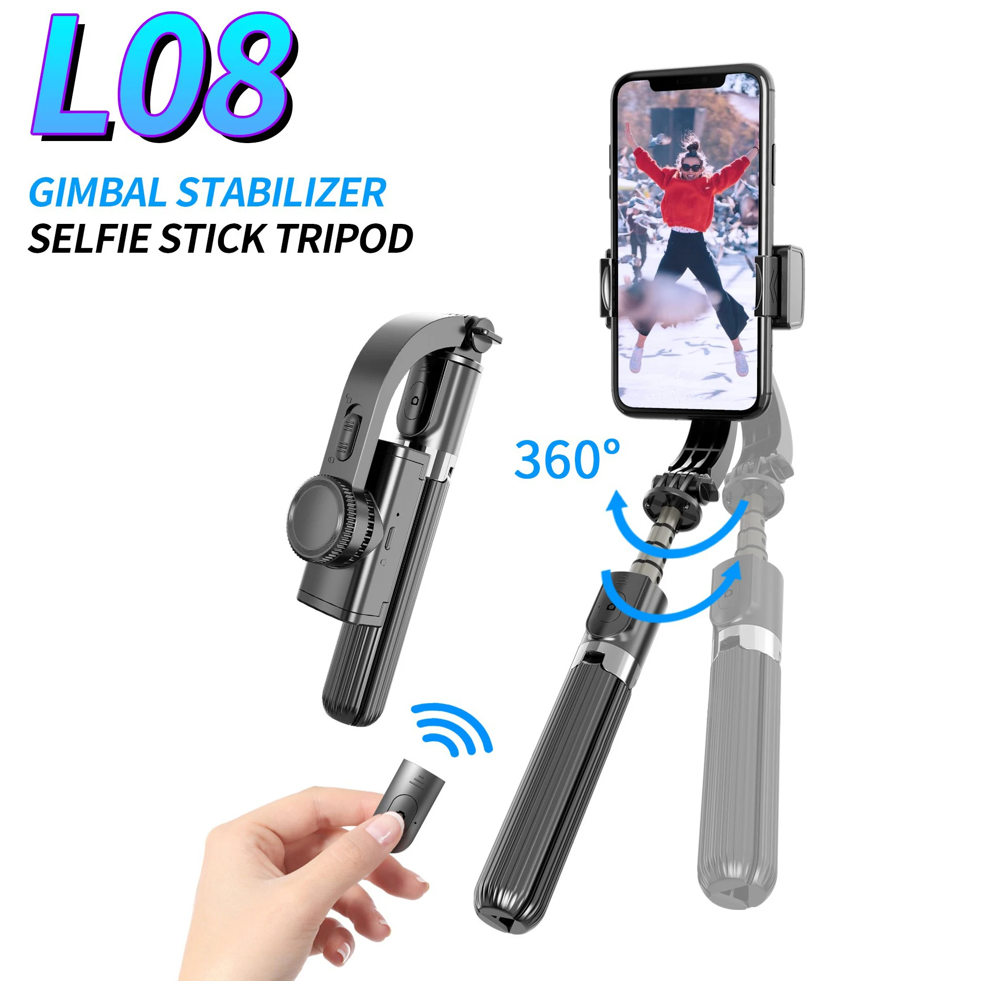 

L08 gimbal stabilizer camera Sport-proof Gimbal Camera Smart selfie stick foldable rotatable for gopro selfie stick