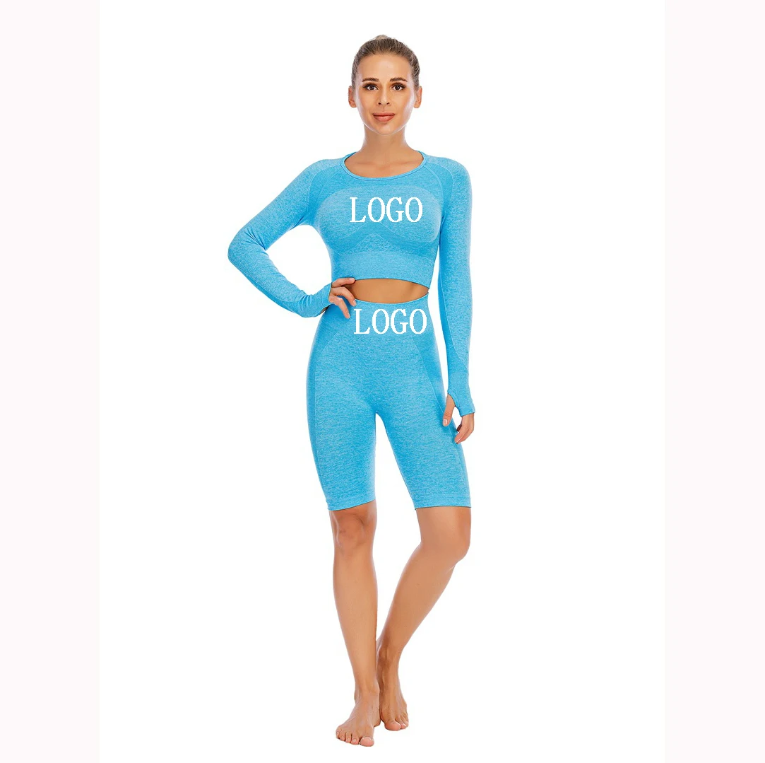 

sexy high waist fitness 2 pieces top and quarter shorts hot pink yoga set with thrumb hole, Customized colors