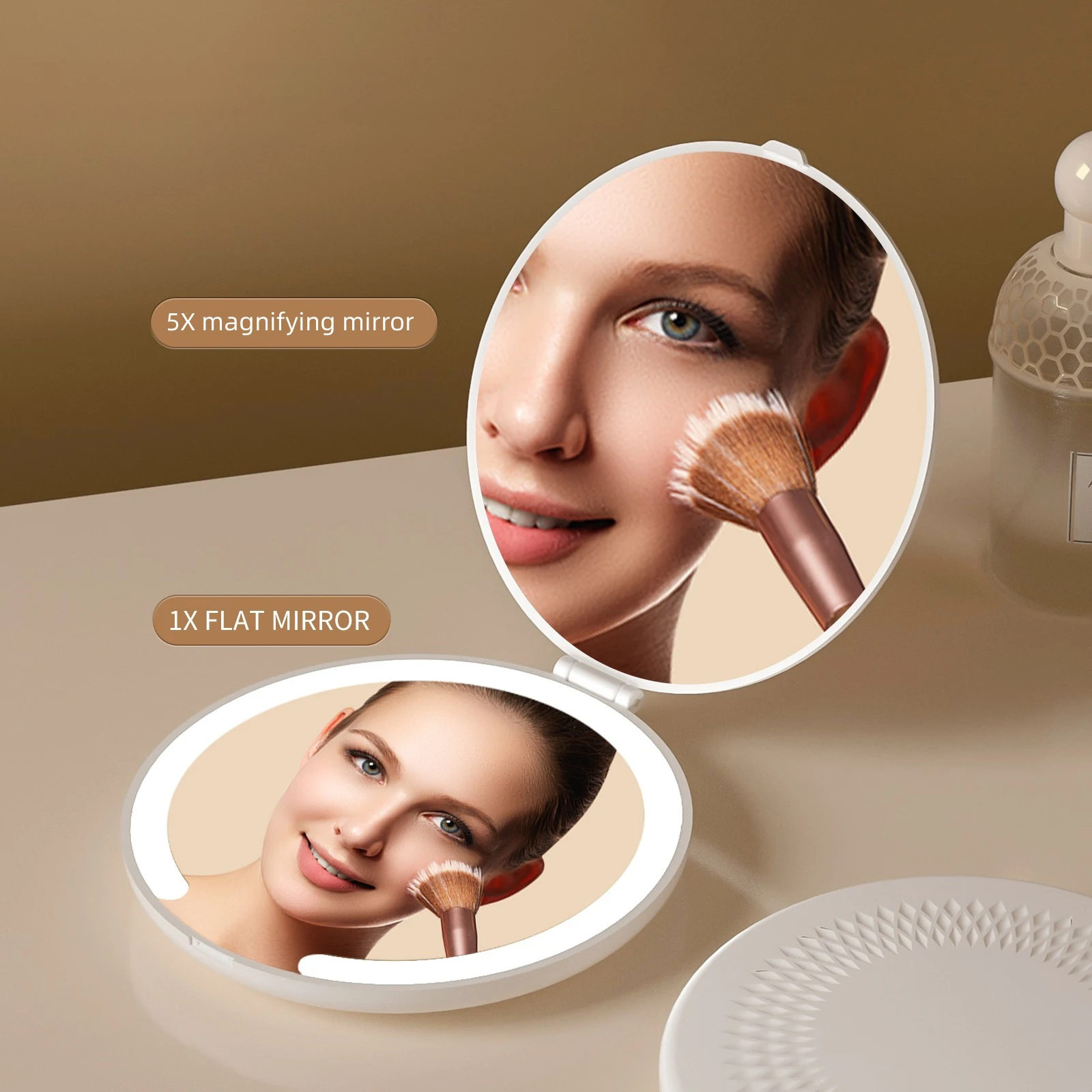 Zonyin LED Travel Cosmetic Mirror 5X Magnification Round Foldable Double-Sided Mini Makeup Compact Pocket Mirror With Lighted