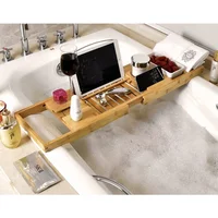 

expandable bamboo bathtub caddy tray with soap case towel holder