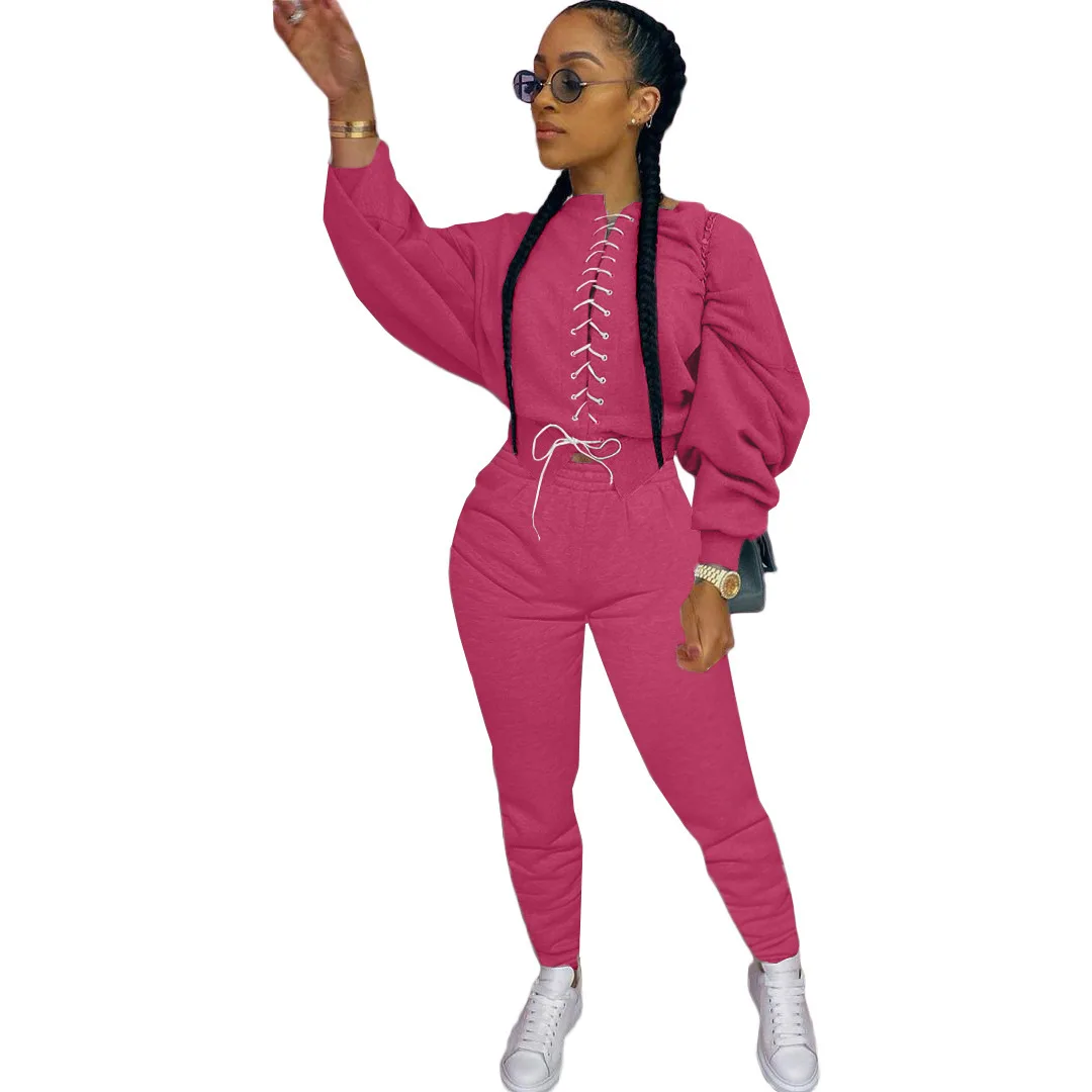 

Women clothing 2021 Autumn Outfits Womens Plus Size Joggers Lace Up Pants Set Two Piece Jogger Set Ladys Sweat Suits, Picture shows