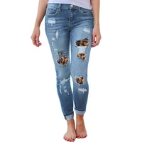 

2019 Winter Denim Pants Leopard Distressed Slim Fit Stretchy Ripped Skinny Black Women Denim Jeans