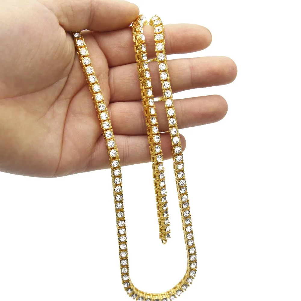 

Wholesale Rhinestone Tennis Chain Necklace Gold Plated Low Moq Hip Hop Men Jewelry, Gold, silvery, black