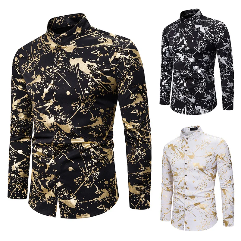 

Men's European Long Sleeve Shirt Men's ink-jet stamping random pattern vertical collar casual large shirt wholesale
