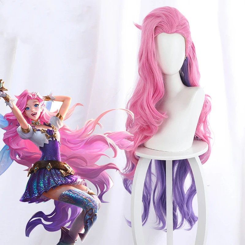 

Funtoninght fast shipping pink blended long curly League of Legends cosplay wigs Seraphine cosplay synthetic wigs for parties, Pic showed