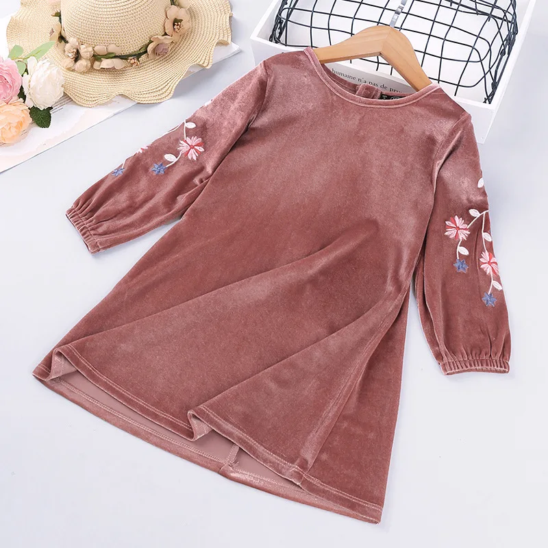 

B54182A Children casual dress fashion long sleeve embroidery velvet dress, Pink