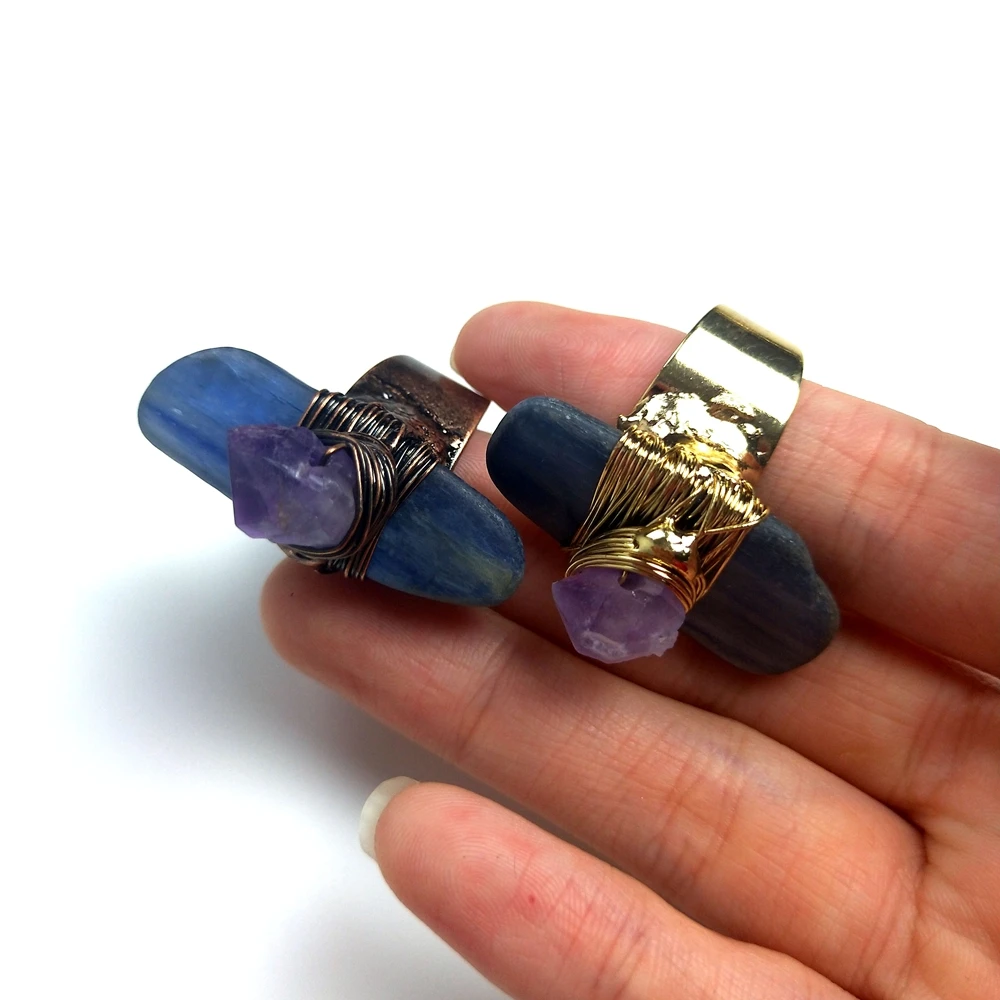 

Hot Products Natural Amethyst Blue Kyanite Stone Beads Open Ring Gold/Antique Bronze Plated Wire Wrapped Gemstone Rings for gift, Purple, blue