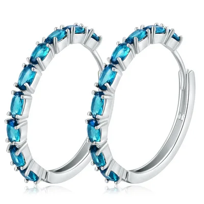 

8 Colors Geometric Big Circle Cubic Zircon Hoop Earrings Blue Rhinestones Silver Plated Hoop Huggie Earrings for Party