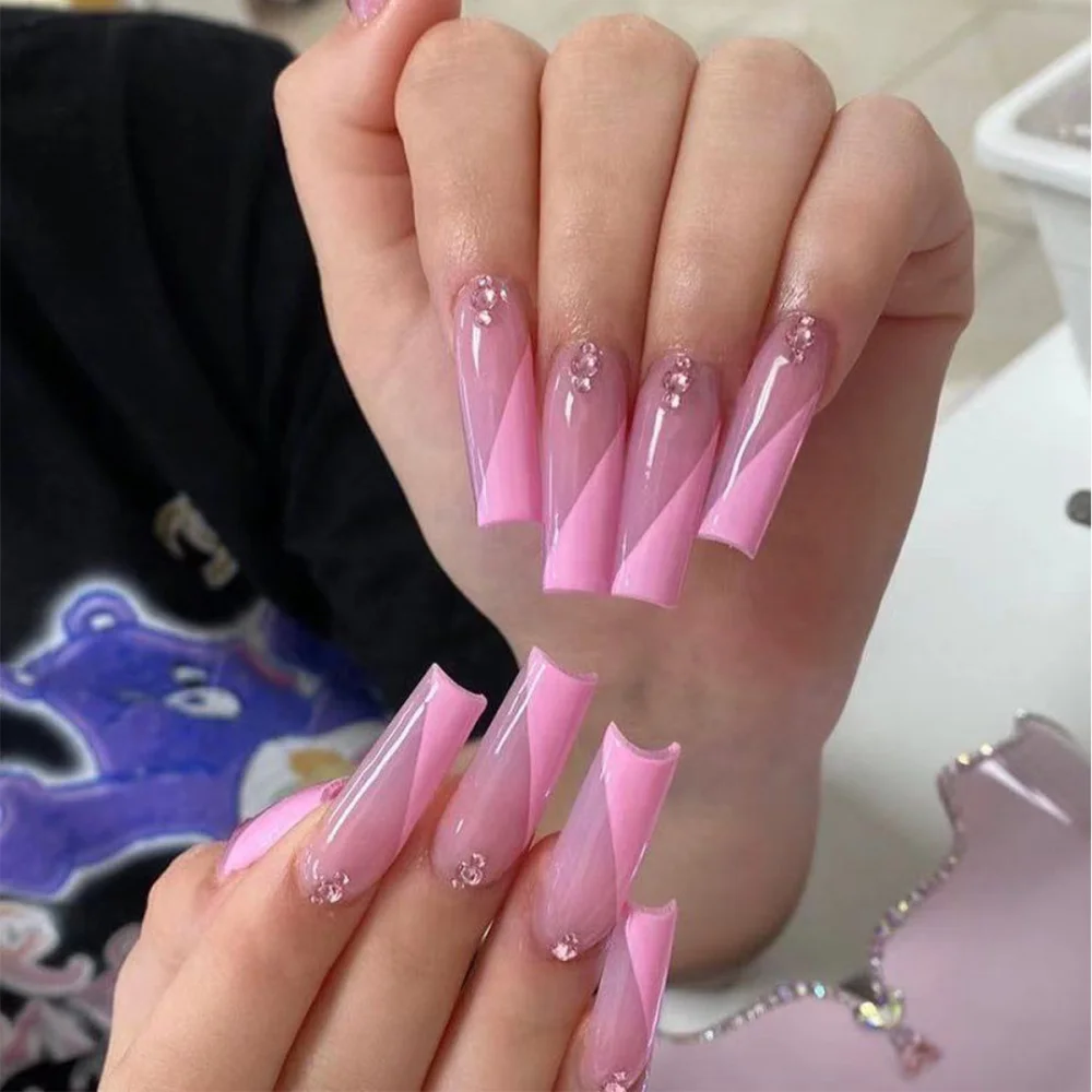 

24Pcs/box French Long Ballerina Rhinestone False Nails Wearable Designed Press On Nail Fake Tips DIY Nail Art, Pink