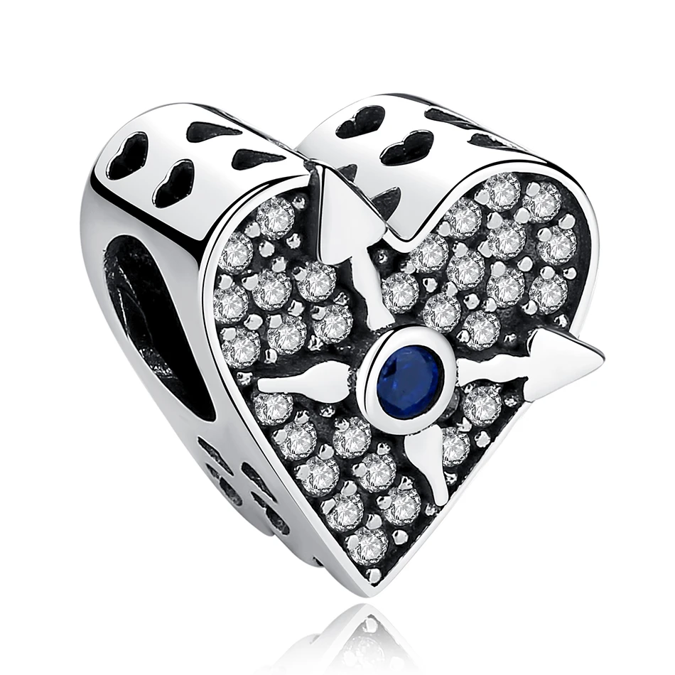 

925 Sterling Silver Heart shape Charm Beads With Cubic Zircon clock charms for jewelry making